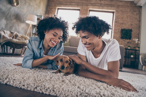 male-and-female-owners-laying-on-rug-petting-dog